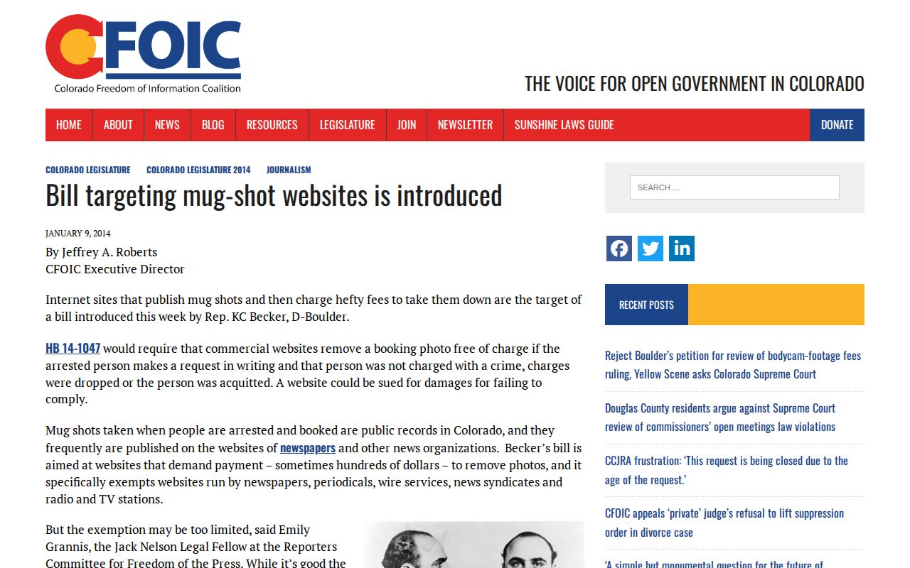 Colorado FOIC mugshot website law context for released booking photos